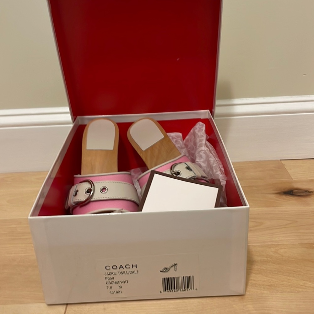 Coach Jackie Twill/calf slide, orchid/white, size 7